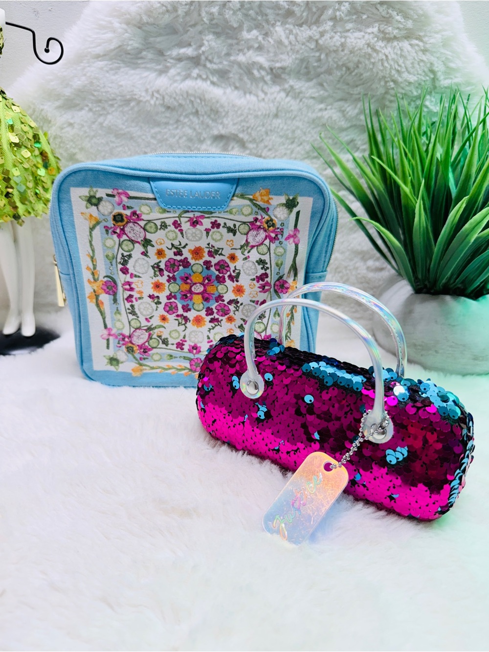 Estee Lauder Blue Floral Cosmetic Case & Pink-Blue Sequin Glasses Case Set 💝
